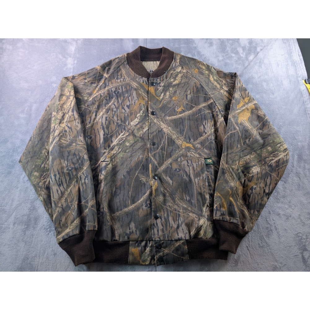 Vintage Mossy Oak Camo Bomber Jacket Mens XL Made in USA Hunting Snap Front